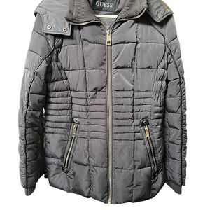 Guess EUC Dark Gray/Black Puffer Jacket with hood & Gold Detailing size large
